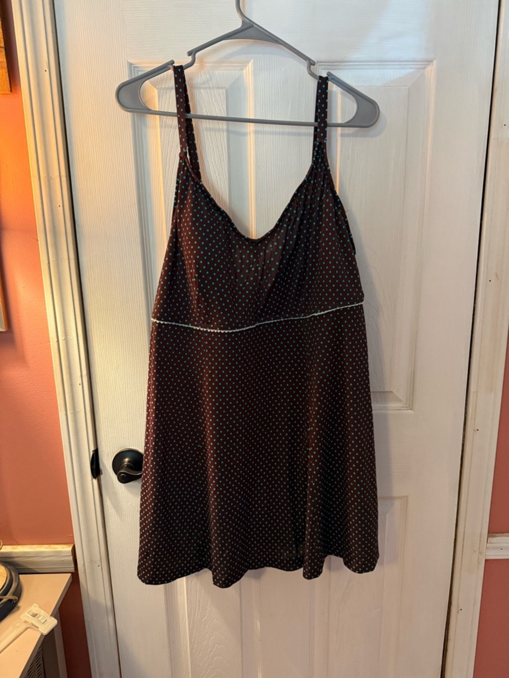 Polka Dot swim Dress in brown with Light Blue polka Dots and white trim, sz 20w